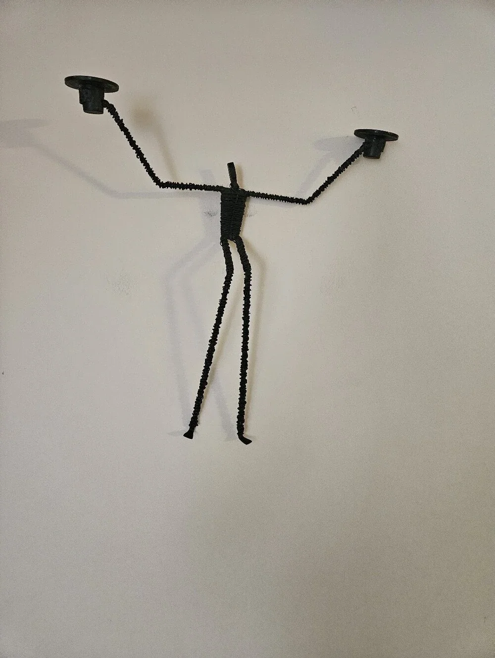 Vintage Brutalist Black Wire Wrought Iron Wall Candle Holder
